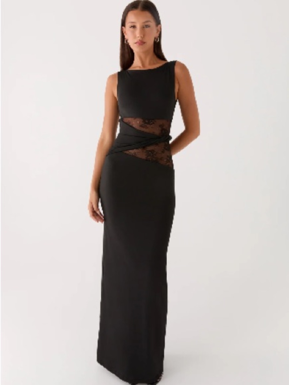 Karma Elegant Black Lace-Panel Evening Dress | Peppermayo
